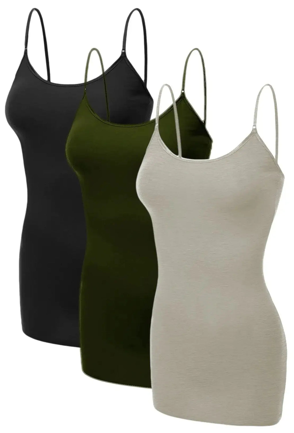 Emmalise Women's Basic Casual Long Camisole Adjustable Strap Cami Layering Top | Black, Oatmeal, Olive