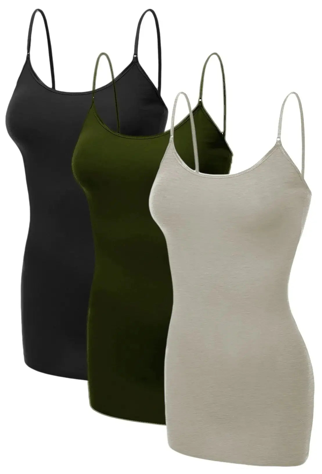 Emmalise Women's Basic Casual Long Camisole Adjustable Strap Cami Layering Top | Black, Oatmeal, Olive