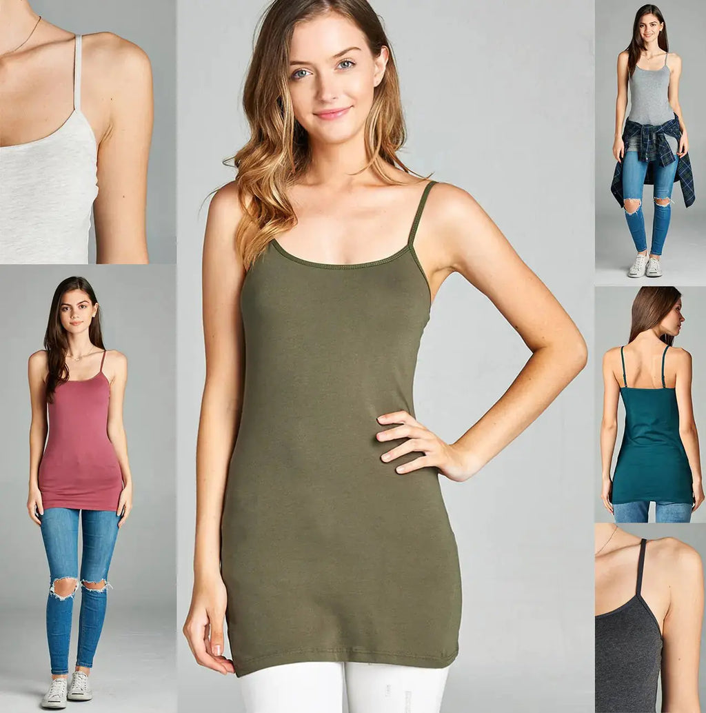 Emmalise Women's Basic Casual Long Camisole Adjustable Strap Cami Layering Top | Black, Oatmeal, Olive