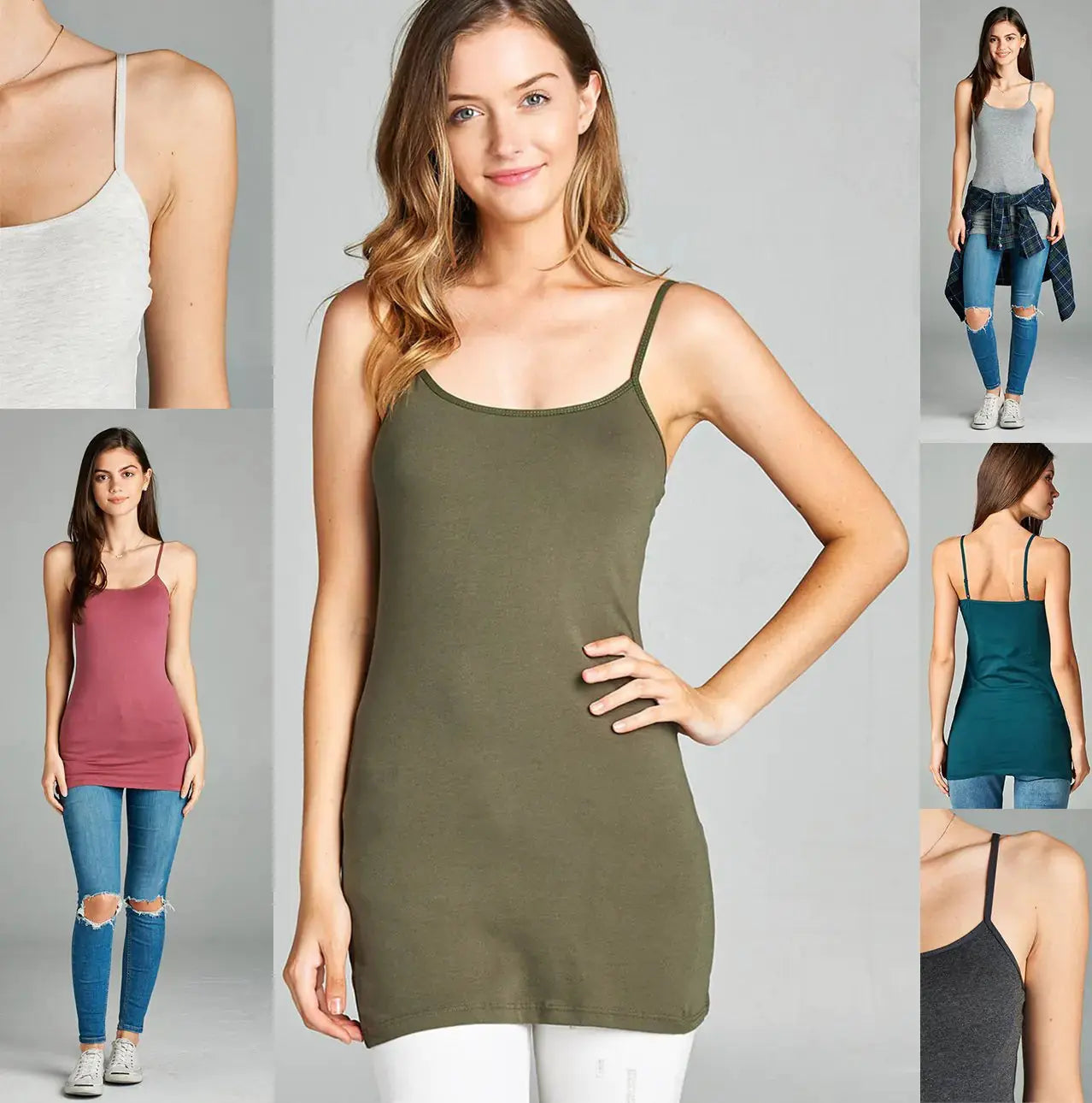 Emmalise Women's Basic Casual Long Camisole Adjustable Strap Cami Layering Top | Black, Oatmeal, Olive