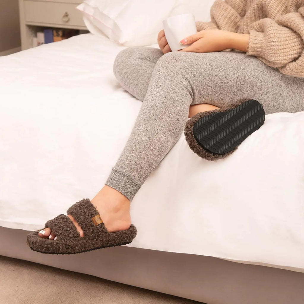 EverFoams Womens Fuzzy Open-toe Slippers | Soft Comfy Memory Foam Indoor House Shoes