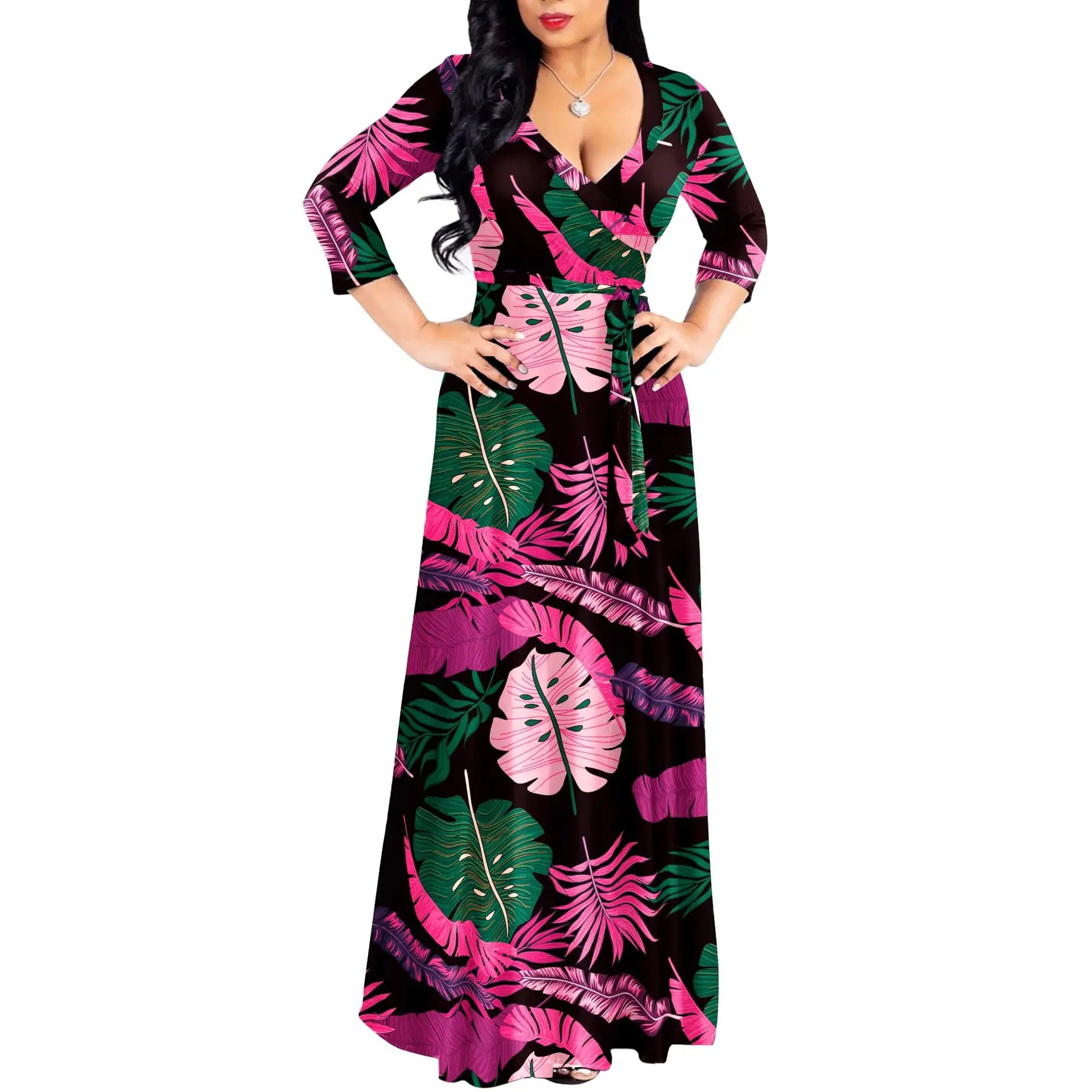 FANDEE Plus Size Maxi Dress for Women Casual Summer Sundress V-Neck 3/4 Sleeve