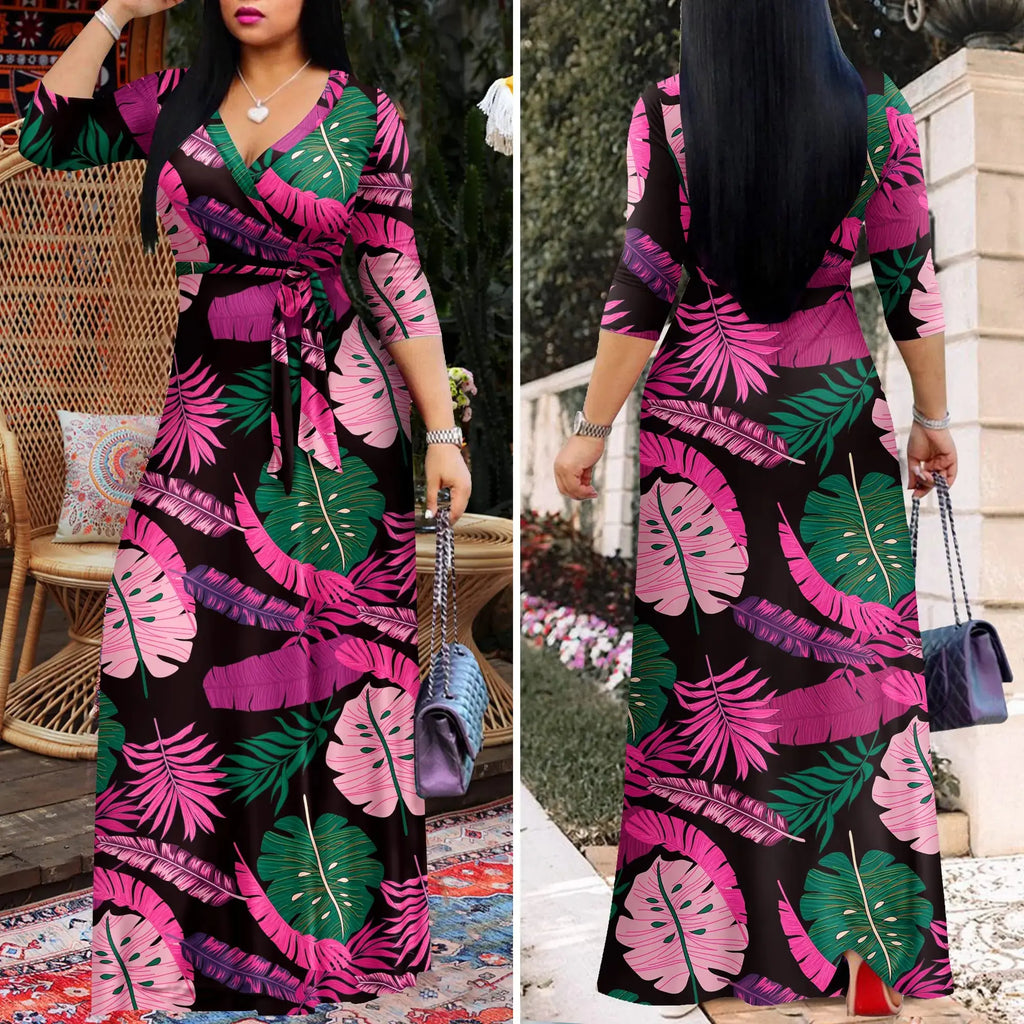 FANDEE Plus Size Maxi Dress for Women Casual Summer Sundress V-Neck 3/4 Sleeve