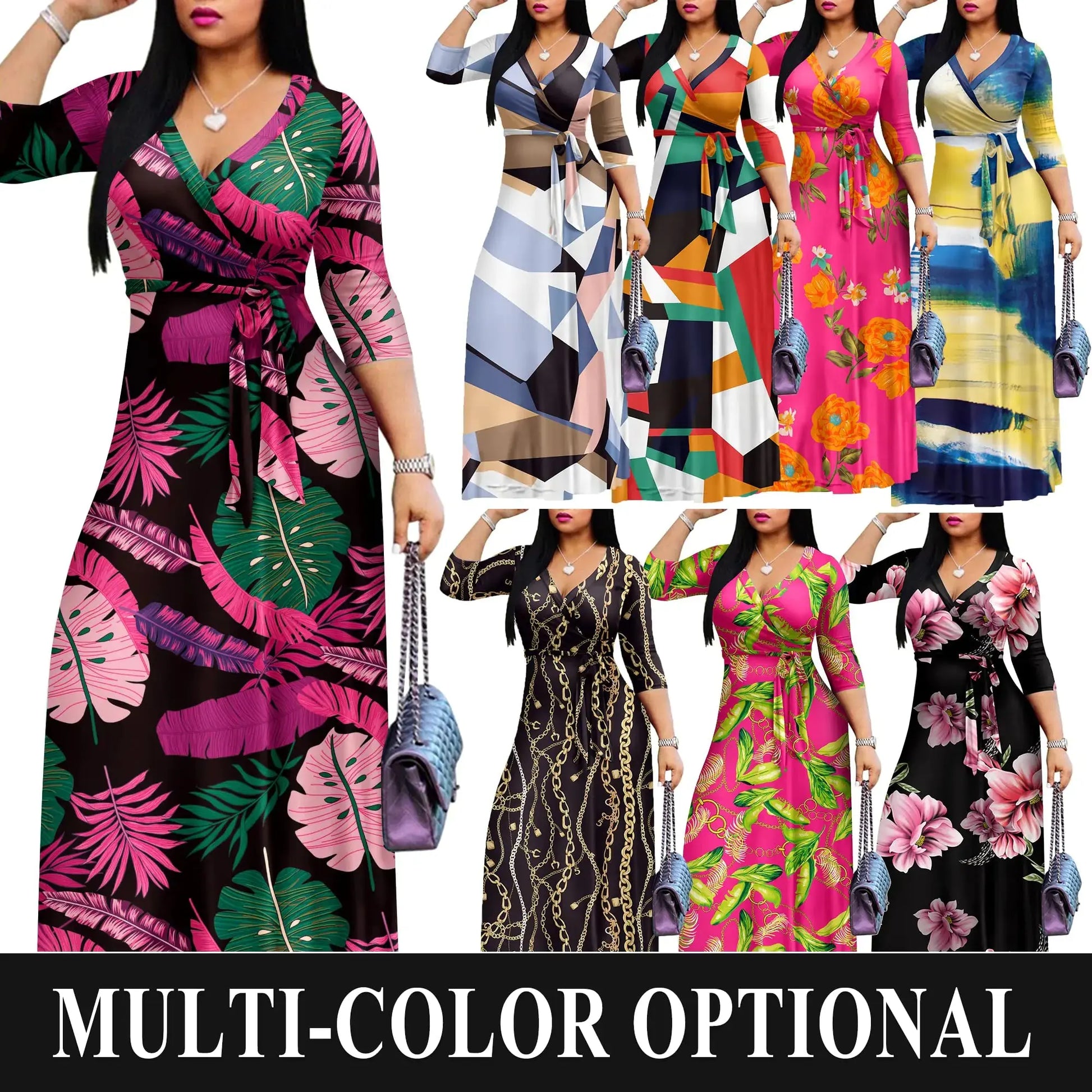 FANDEE Plus Size Maxi Dress for Women Casual Summer Sundress V-Neck 3/4 Sleeve