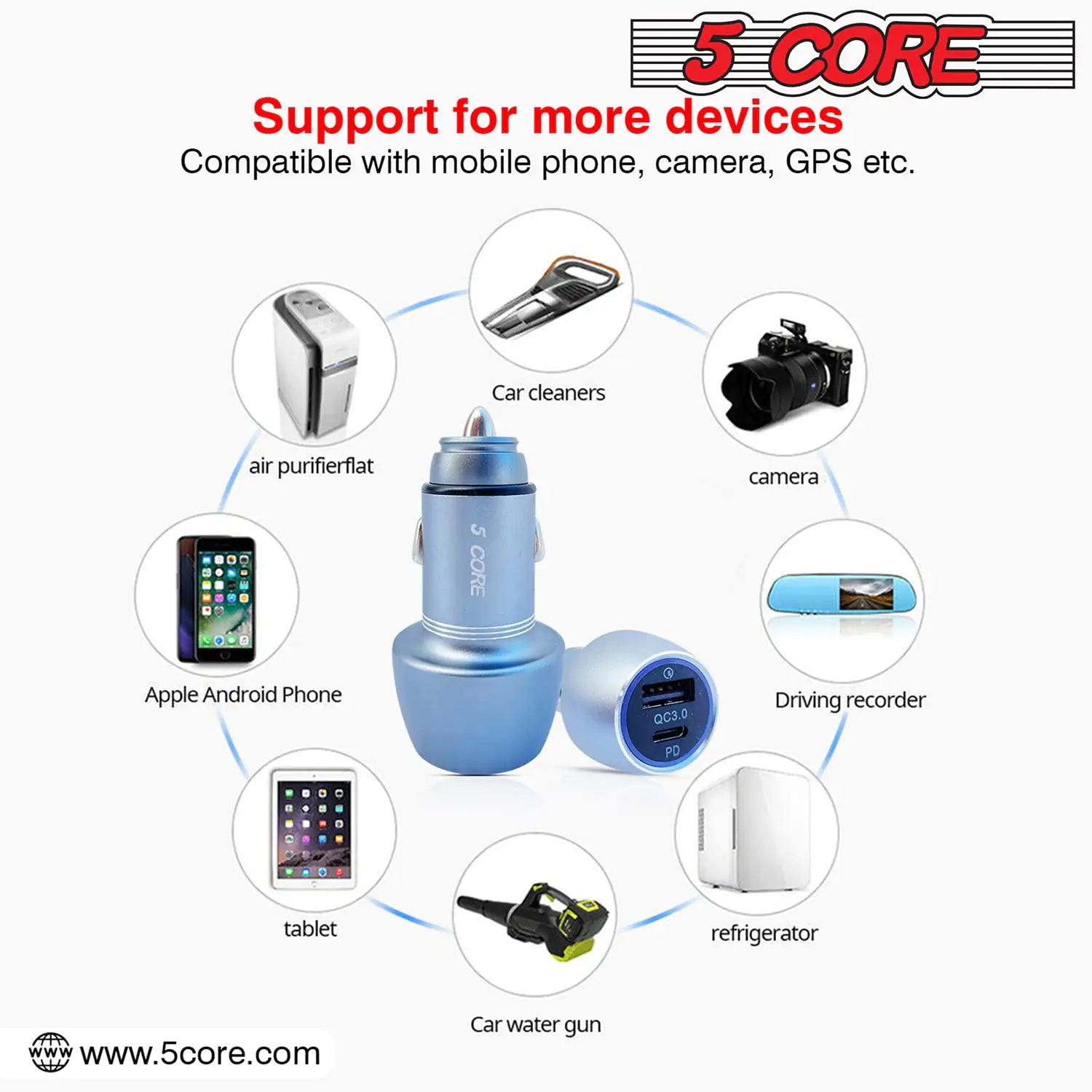 5Core USB Car Charger 36W Type C Cigarette Lighter Adapter Outlet Fast Charging