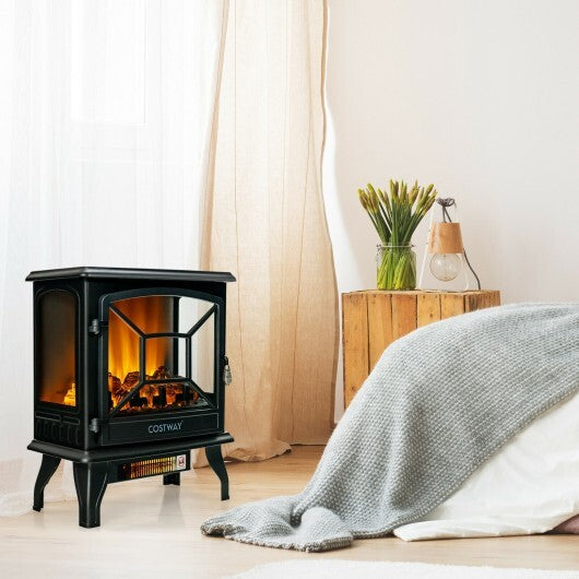 1400W Electric Stove Heater with 3-Level Flame Effect and 3-Sided View-Black
