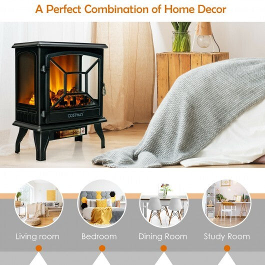1400W Electric Stove Heater with 3-Level Flame Effect and 3-Sided View-Black
