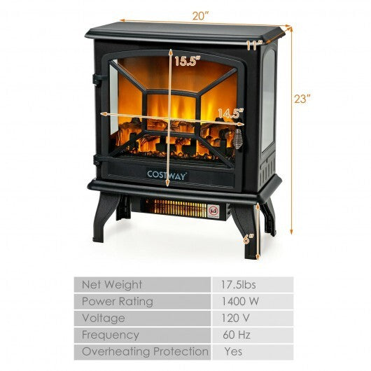 1400W Electric Stove Heater with 3-Level Flame Effect and 3-Sided View-Black