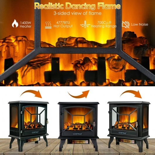 1400W Electric Stove Heater with 3-Level Flame Effect and 3-Sided View-Black