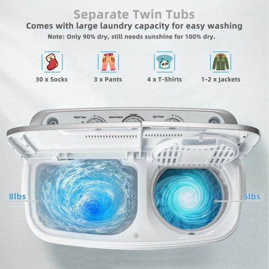 8 Lbs Compact Mini Twin Tub Washing Spiner Machine for Home and Apartment