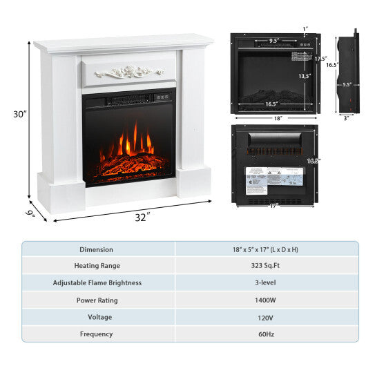 1400W TV Stand Electric Fireplace Mantel with Remote Control-White