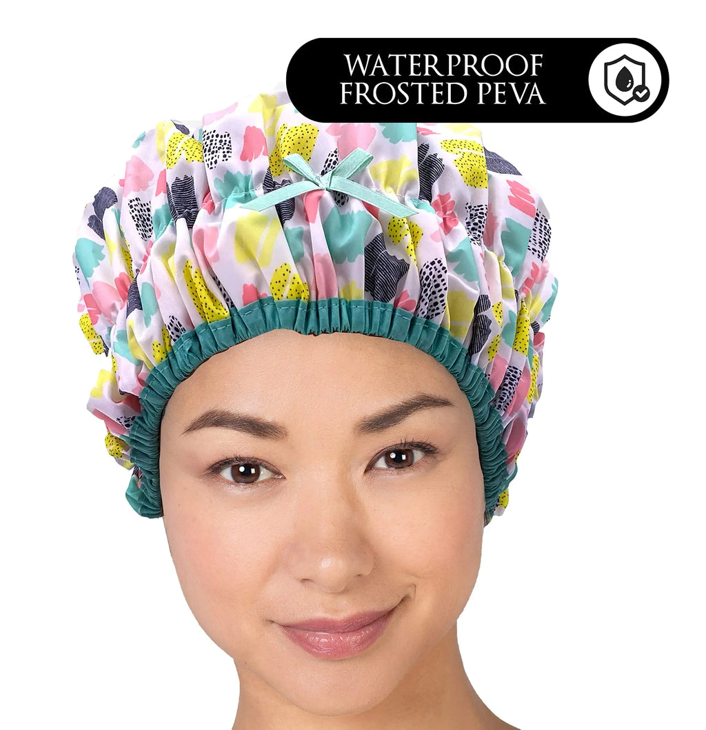 Fashionista Living Color Reusable Oversized Waterproof Shower Cap - PEVA Lined & Elastic Stretch Hem