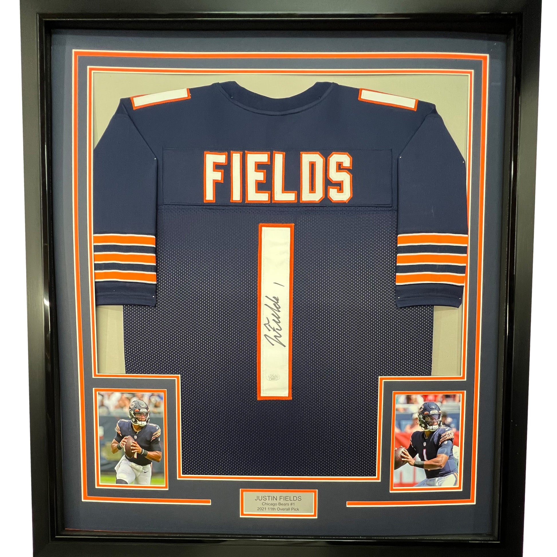 Framed Autographed/Signed Justin Fields 35x39 Chicago Blue Football Jersey JSA COA