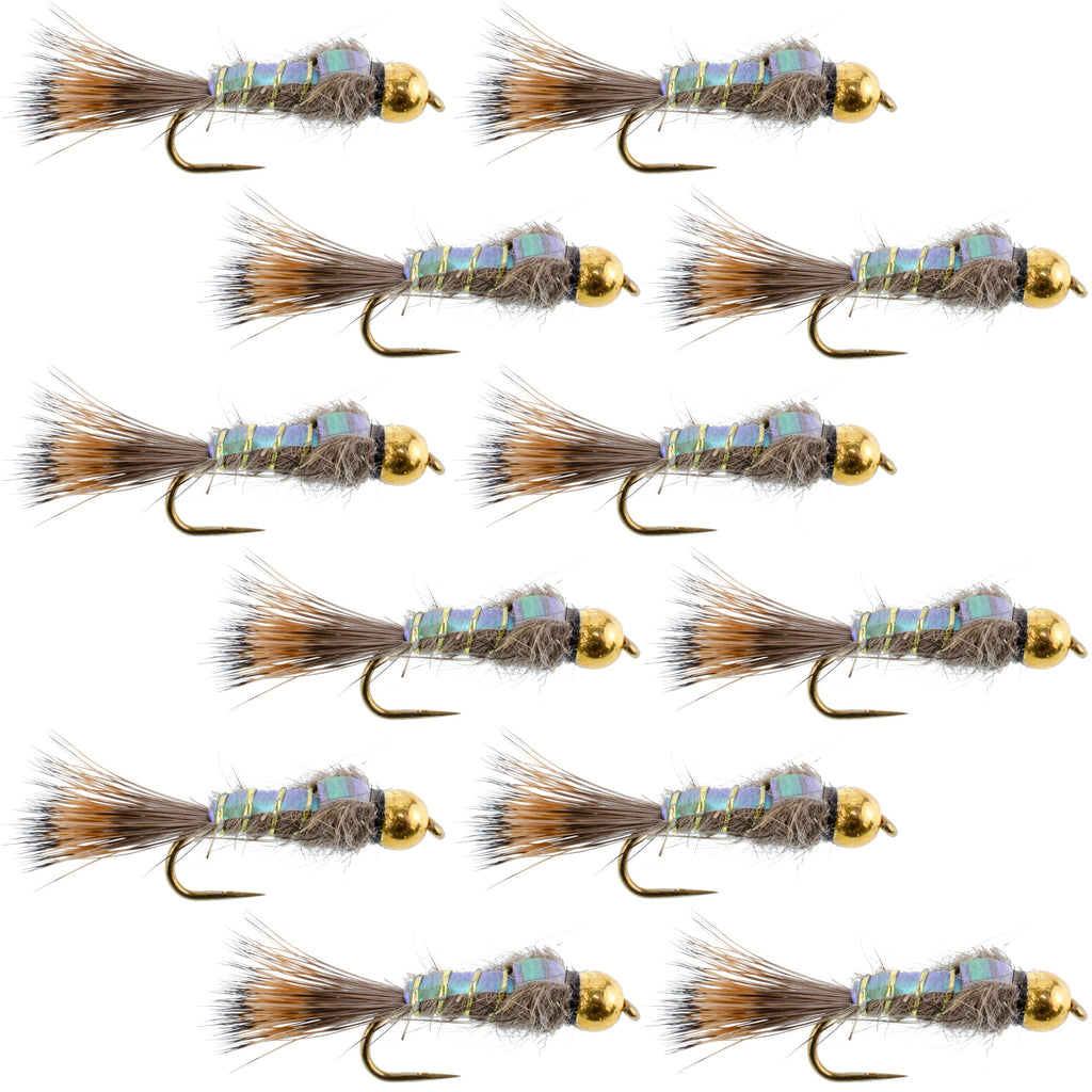Barbless Bead Head Flash Back Gold Ribbed Hare's Ear Nymph 1 Dozen Flies Hook Size 10