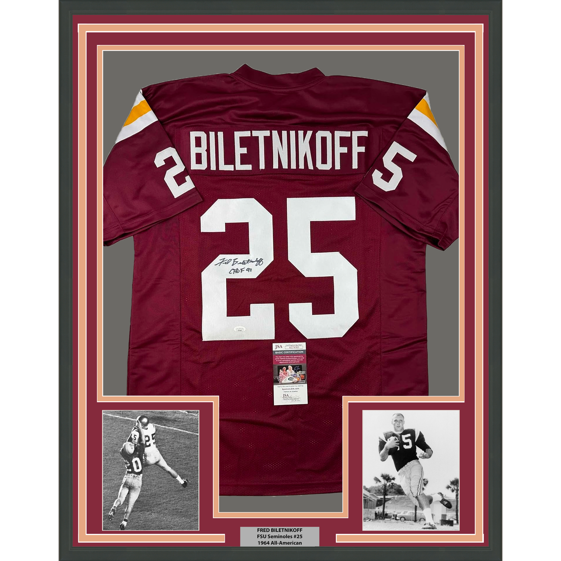Framed Autographed/Signed Fred Biletnikoff 35x39 CHOF 91 Florida State FSU Red College Football Jersey JSA COA