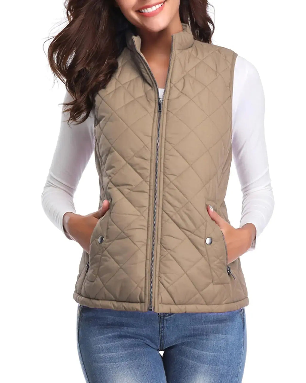 Fuinloth Women's Quilted Vest, Stand Collar Lightweight Zip Padded Gilet Small Khaki