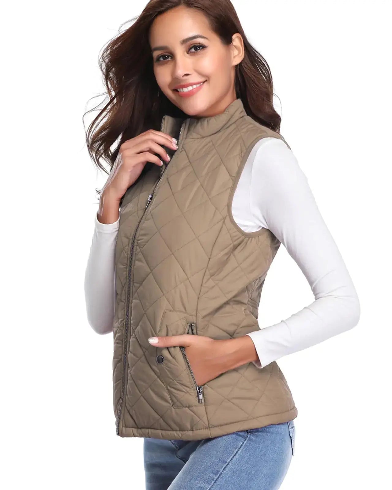 Fuinloth Women's Quilted Vest, Stand Collar Lightweight Zip Padded Gilet Small Khaki