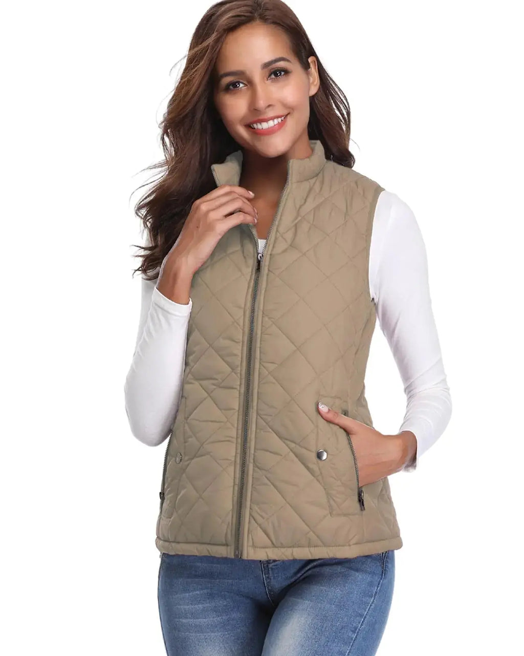 Fuinloth Women's Quilted Vest, Stand Collar Lightweight Zip Padded Gilet Small Khaki