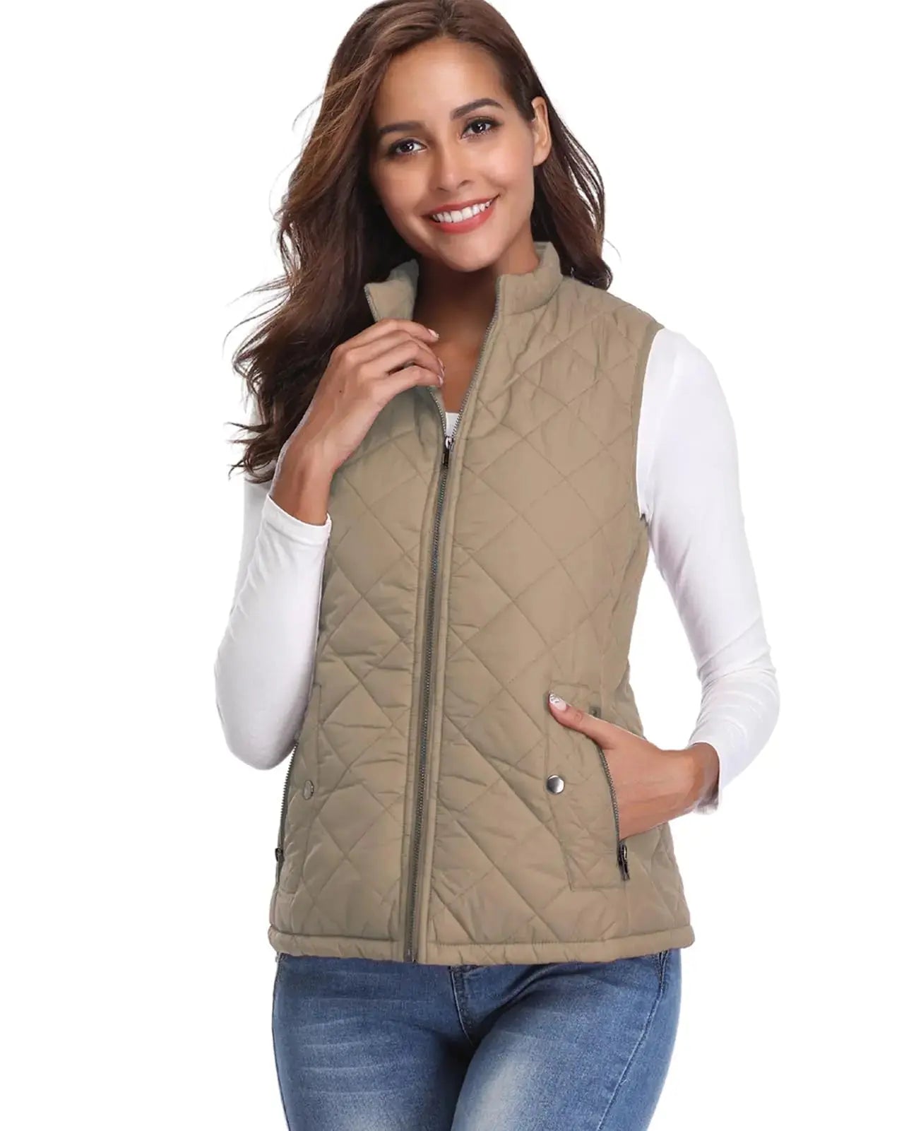 Fuinloth Women's Quilted Vest, Stand Collar Lightweight Zip Padded Gilet Small Khaki