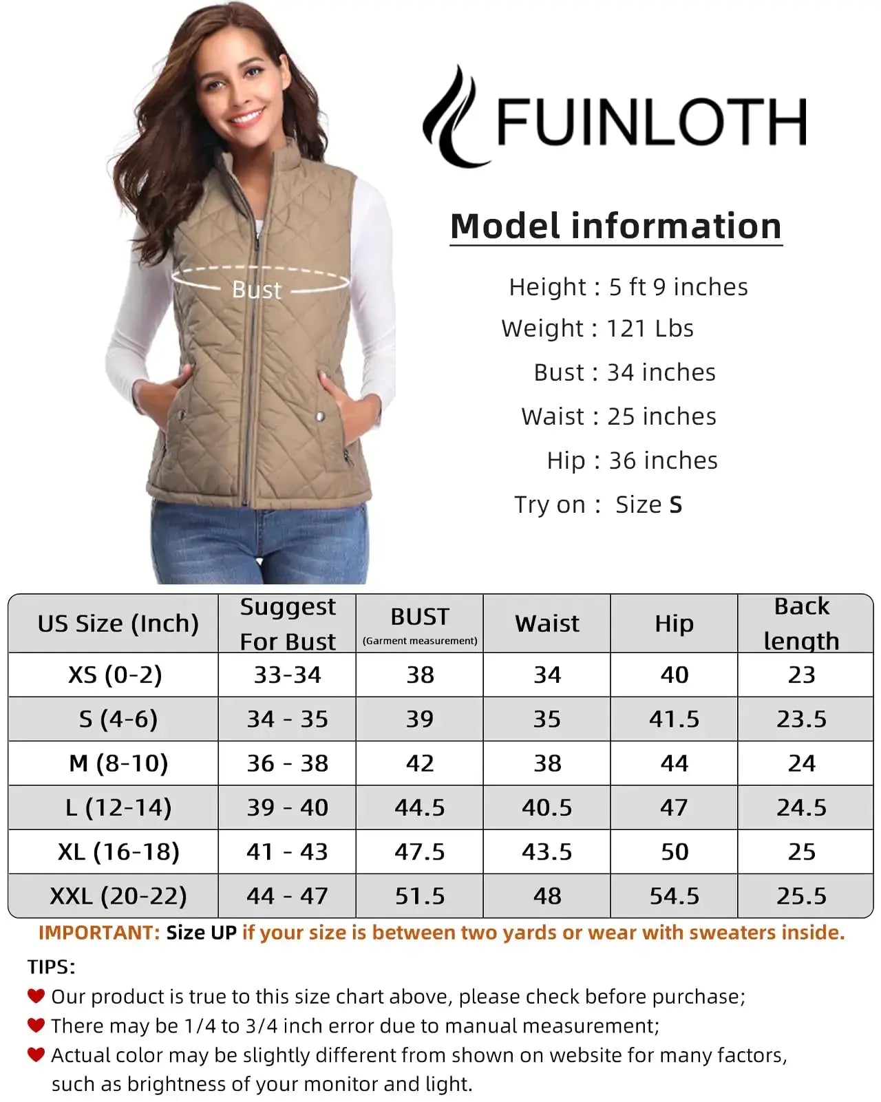 Fuinloth Women's Quilted Vest, Stand Collar Lightweight Zip Padded Gilet Small Khaki