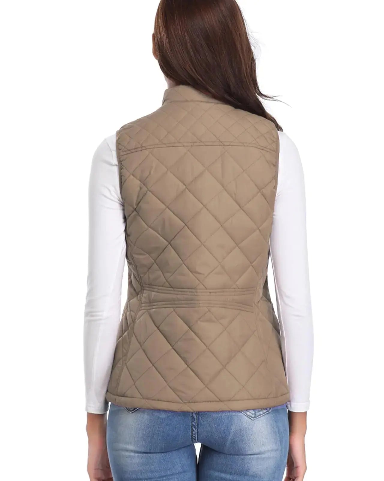 Fuinloth Women's Quilted Vest, Stand Collar Lightweight Zip Padded Gilet Small Khaki