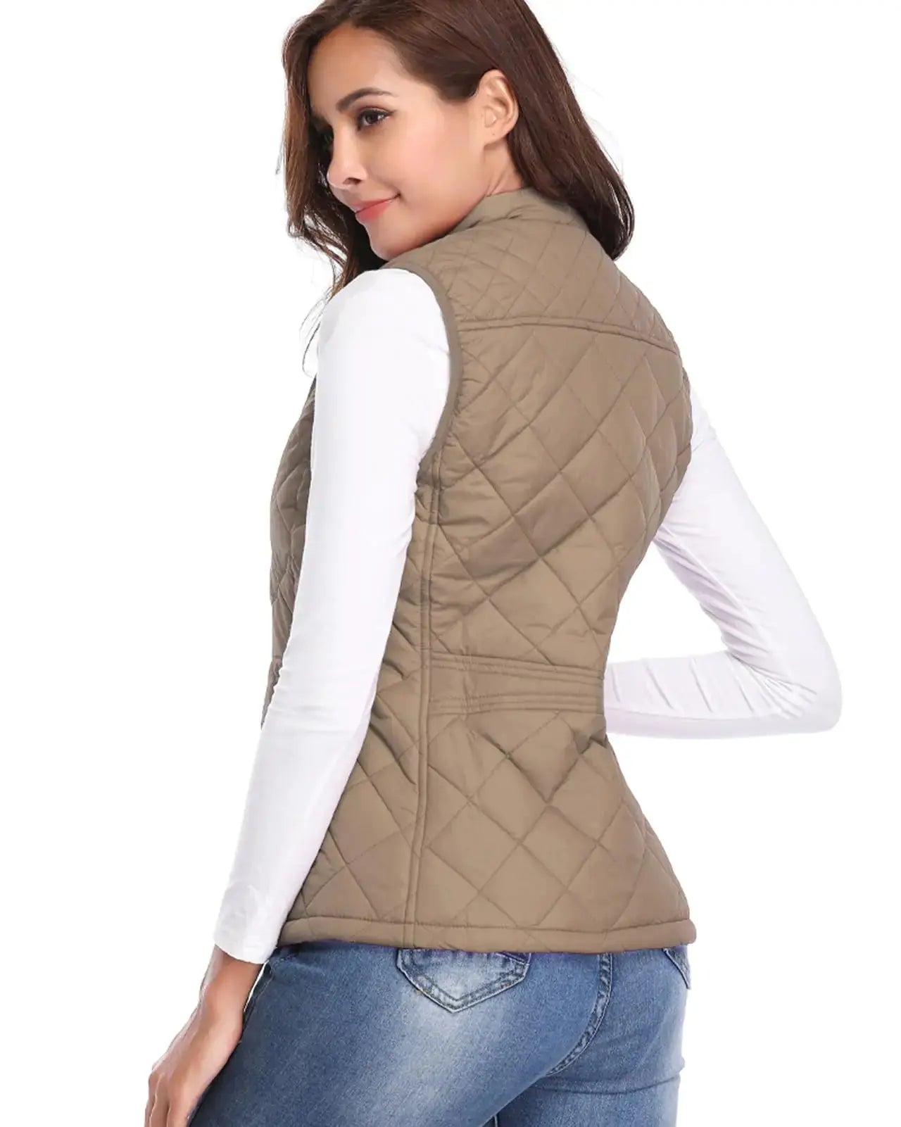 Fuinloth Women's Quilted Vest, Stand Collar Lightweight Zip Padded Gilet Small Khaki