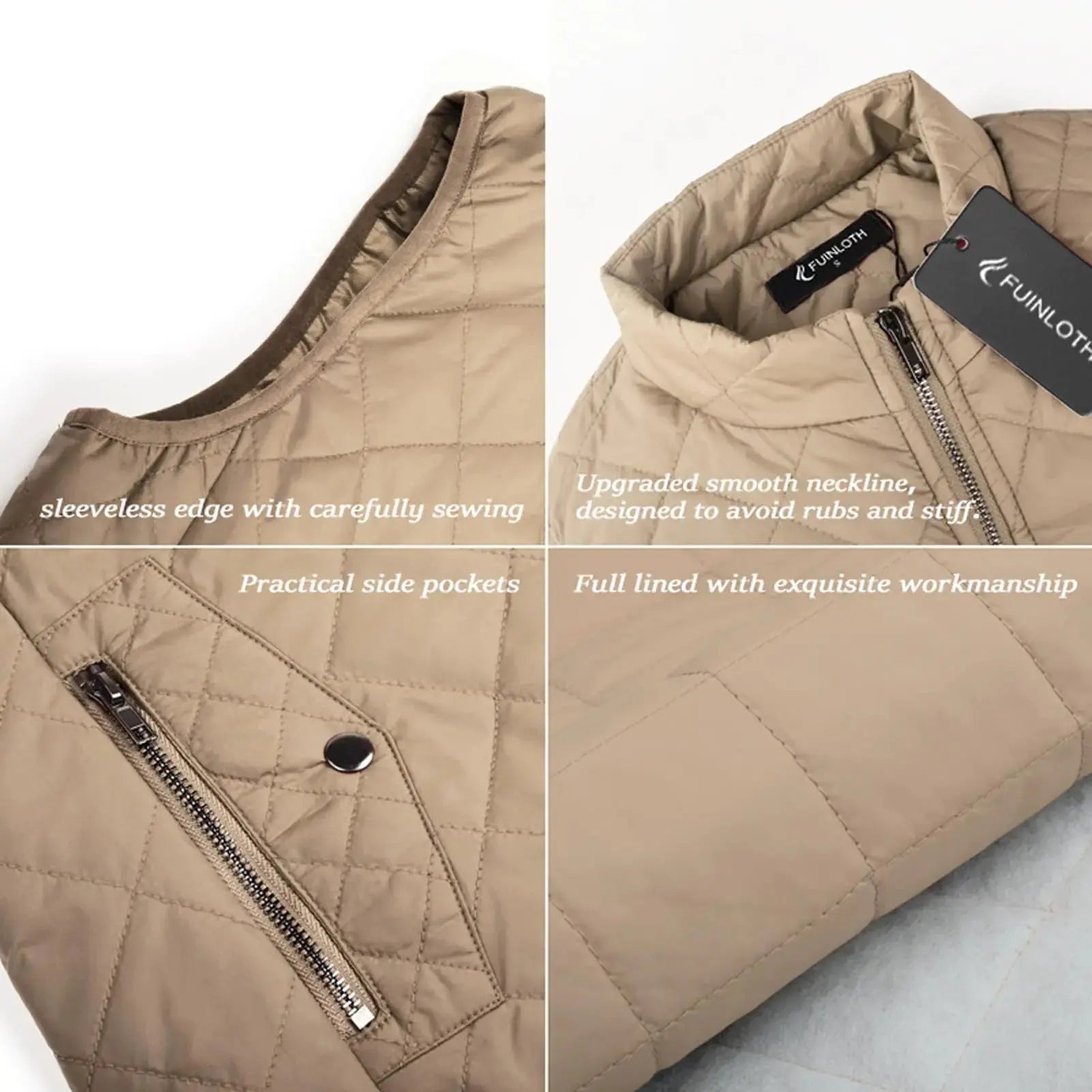 Fuinloth Women's Quilted Vest, Stand Collar Lightweight Zip Padded Gilet Small Khaki