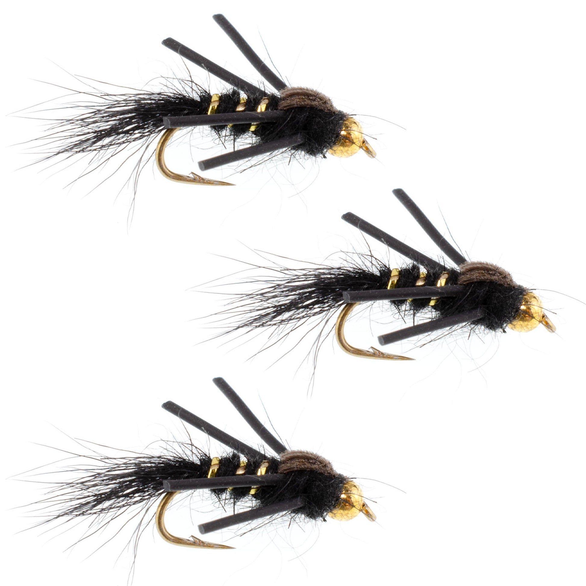3 Pack Tungsten Bead Head Rubber Legs Black Gold-Ribbed Hare's Ear Trout Fly Nymph - Hook Size 14