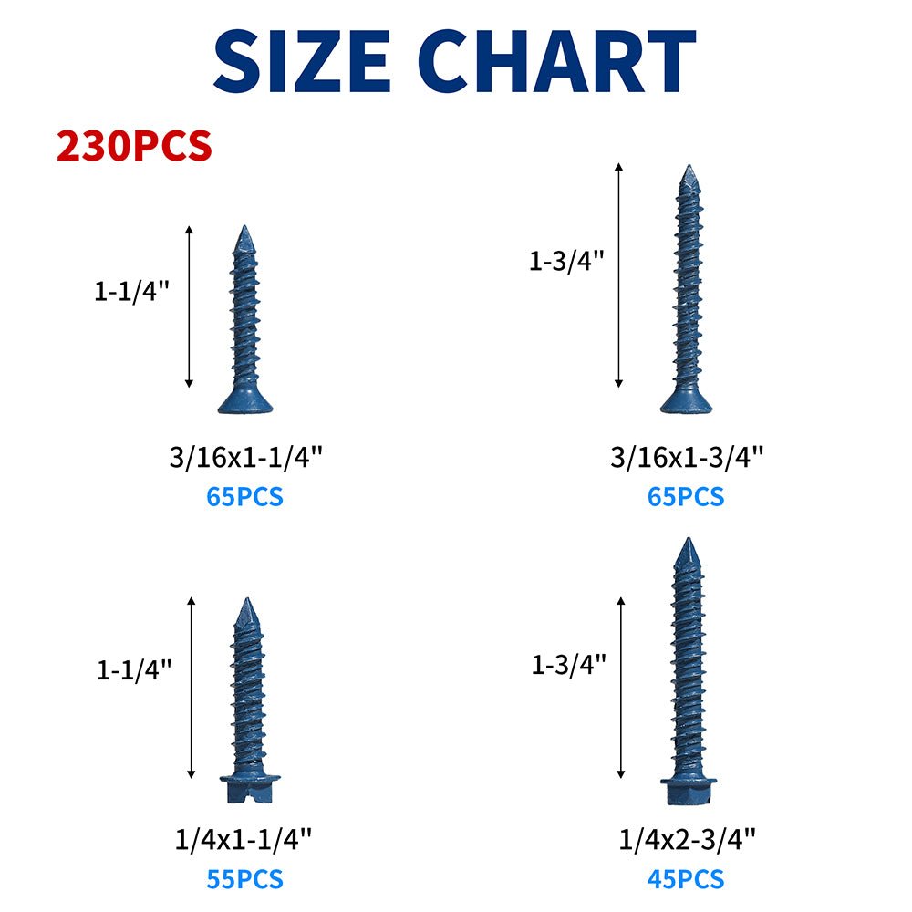 230x Phillips Flat & Slotted Hex Washer Head Concrete Screws 1/4″ and 3/16″ Blue