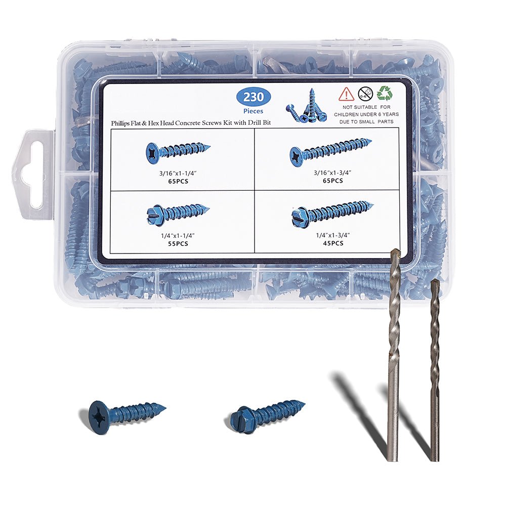 230x Phillips Flat & Slotted Hex Washer Head Concrete Screws 1/4″ and 3/16″ Blue