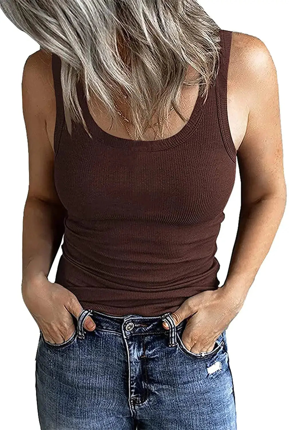 GEMBERA Women's Sleeveless Scoop Neck Ribbed Tank Tops Fitted Basic Cami Tee Shirts X-Large Brown
