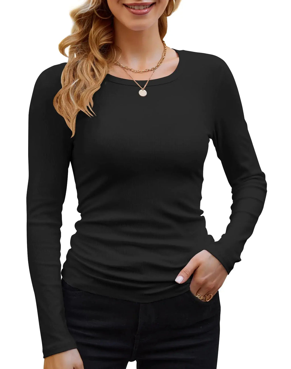 GEMBERA Womens Ribbed Long Sleeve Fitted Knit Tops - Black Crewneck Shirts