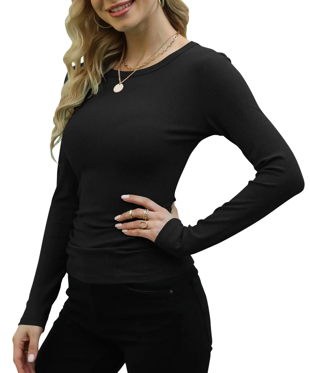 GEMBERA Womens Ribbed Long Sleeve Fitted Knit Tops - Black Crewneck Shirts