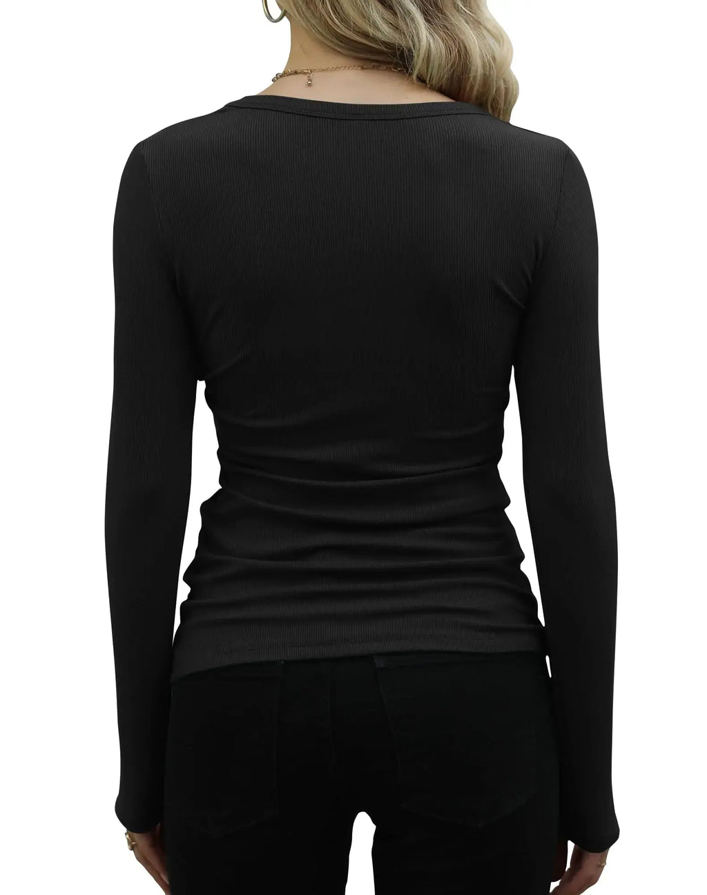 GEMBERA Womens Ribbed Long Sleeve Fitted Knit Tops - Black Crewneck Shirts