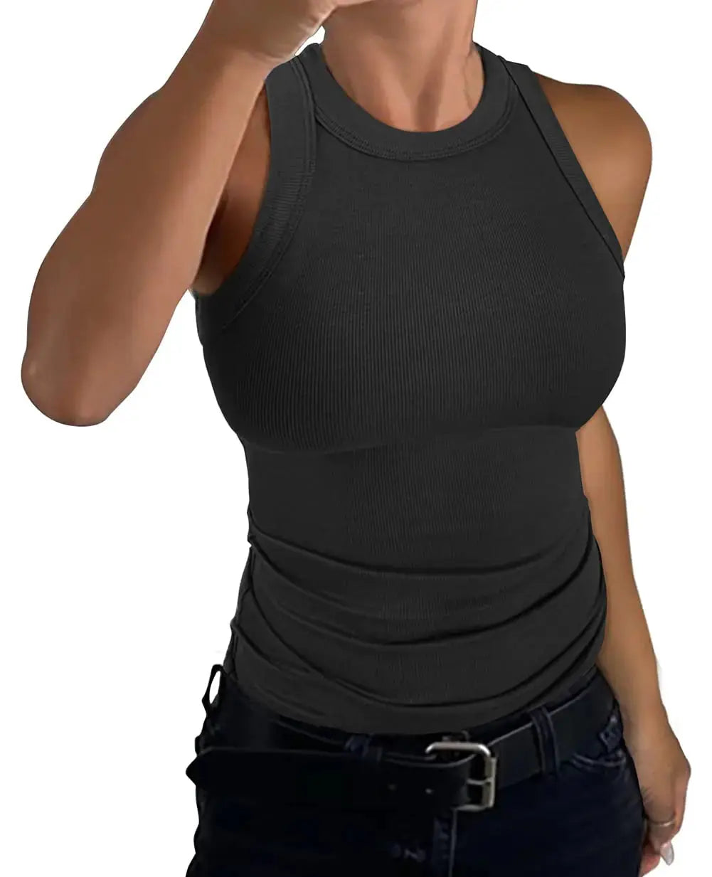 GEMBERA Womens Sleeveless Racerback High Neck Casual Basic Cotton Ribbed Fitted Tank Top X-Large Black
