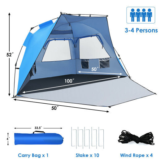 3-4 Person Easy Pop Up Beach Tent UPF 50+ Portable Sun Shelter-Orange