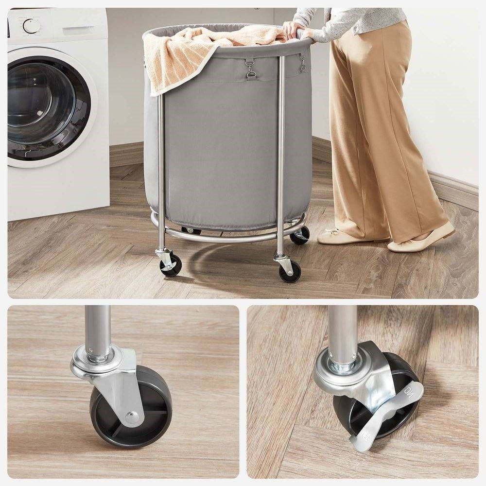 Round 45-Gallon Laundry Basket Hamper with Grey Fabric Bag Steel Frame on Wheels