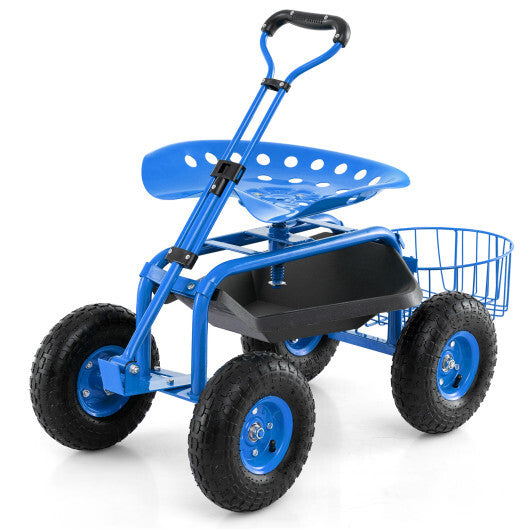 Heavy Duty Garden Cart with Tool Tray and 360 Swivel Seat-Green