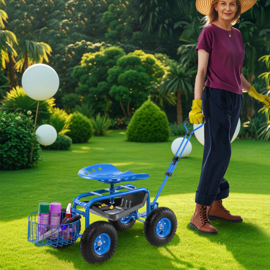 Heavy Duty Garden Cart with Tool Tray and 360 Swivel Seat-Green