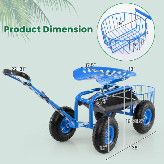 Heavy Duty Garden Cart with Tool Tray and 360 Swivel Seat-Green