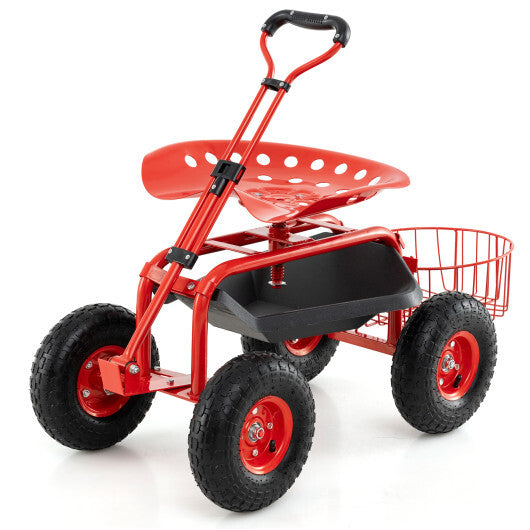 Heavy Duty Garden Cart with Tool Tray and 360 Swivel Seat-Green