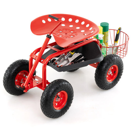 Extendable Handle Garden Cart Rolling Wagon Scooter-Green