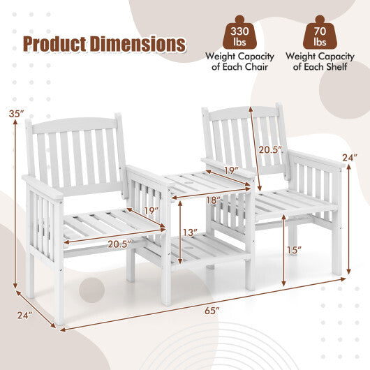 Outdoor Fir Wood Loveseat with 2-Tier Side Table and 1.96" Umbrella Hole-Coffee