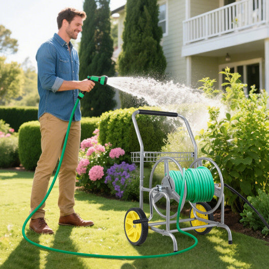 Garden Hose Reel Cart with 2 Wheels and Storage Basket-Blue