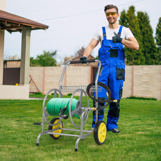Garden Hose Reel Cart with 2 Wheels and Storage Basket-Blue