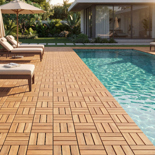 12 x 12 Inch 27 Piece Acacia Wood Interlocking Deck Tiles with Waterproof Design-Natural