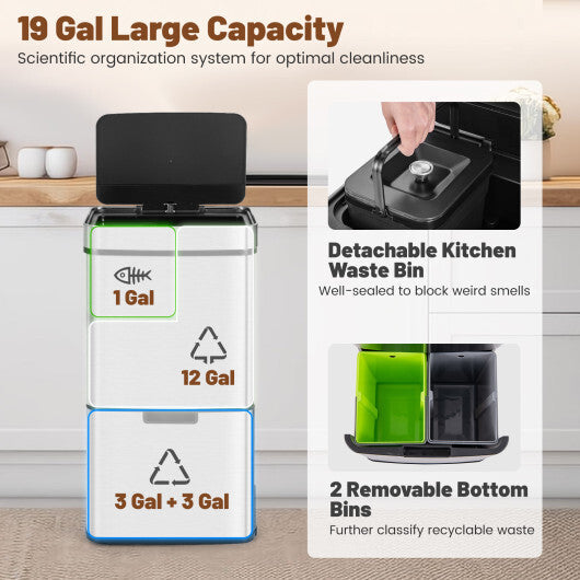 19 Gal Stainless Steel Trash Can with Kitchen Waste Bin and 2 Bottom Recycling Bins-Silver
