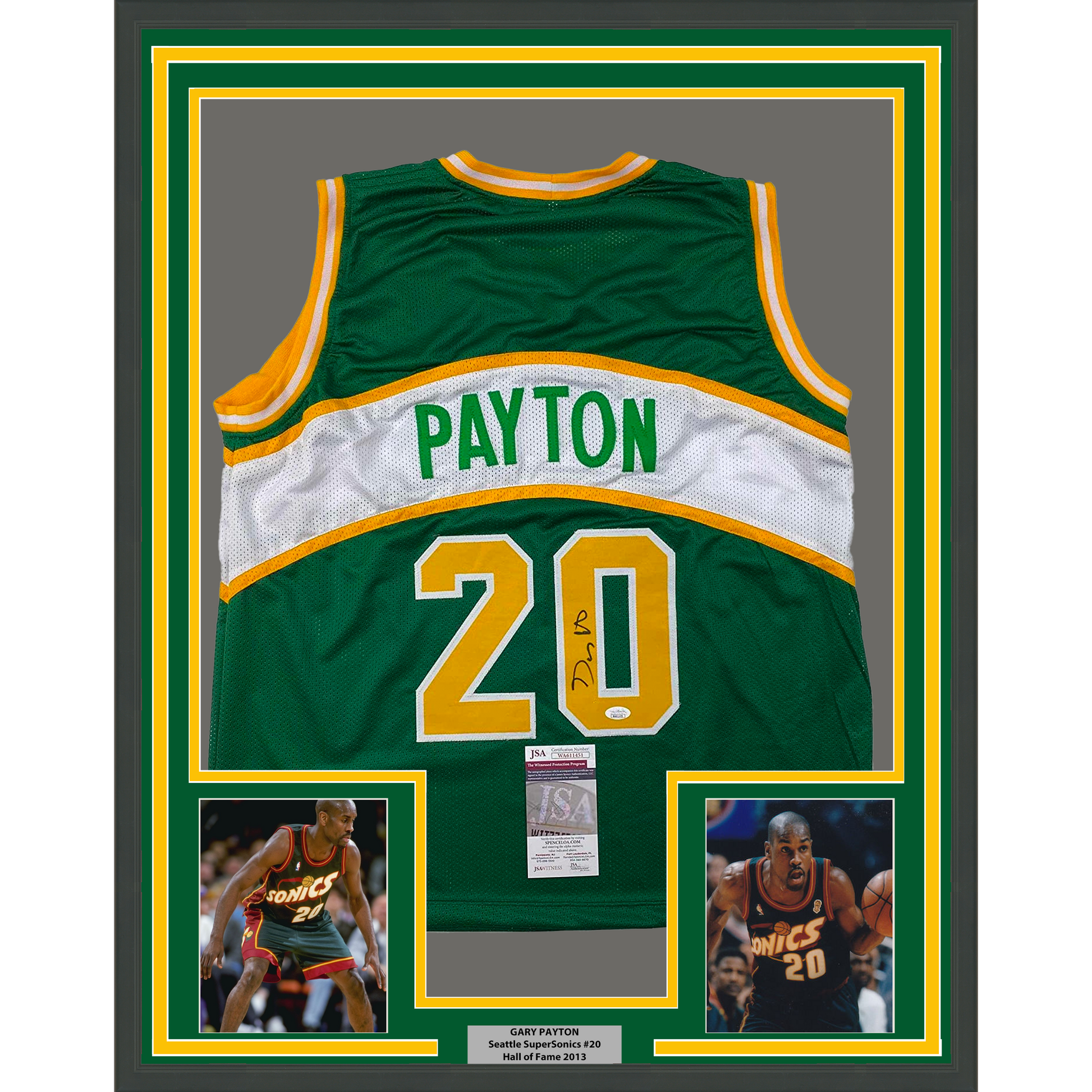 Framed Autographed/Signed Gary Payton 35x39 Seattle Green Basketball Jersey JSA COA