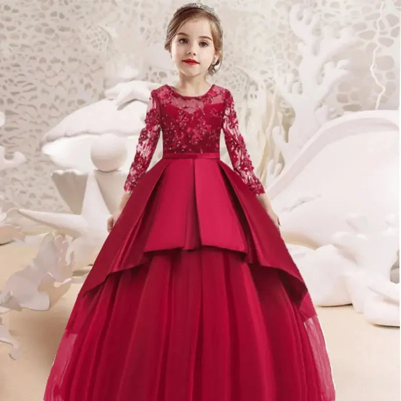 Girls Long Sleeve Lace Embroidery Dress