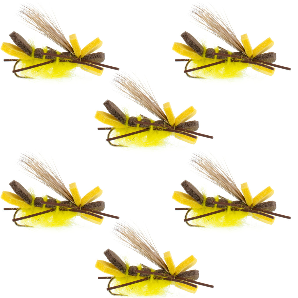 Godzilla Hopper Trout Flies - Yellow High Visibility Grasshopper or Stonefly Dry Fly - 6 Flies Hook Size 10